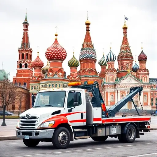 A realistic tow truck parked in front of iconic landmarks of major Russian cities, with subtle price tags displayed but no text, letters, or digits, in a clean, detailed style