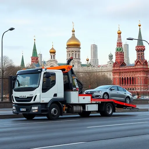 A realistic depiction of a modern tow truck parked on a Moscow street with the iconic Moscow skyline in the background, a car being towed by the truck, no text or signage, no people, no logos, no bright colors, no unrealistic elements