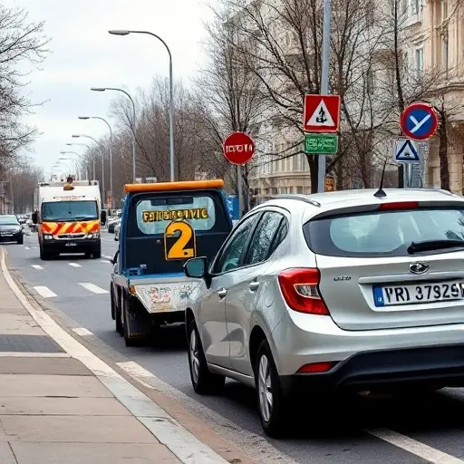 A realistic urban scene of a Moscow street in the Medvedkovo district showing a compact tow truck pulling a car that is illegally parked across a curb, with nearby traffic signs and a city service vehicle in the background, under overcast sky, no people visible