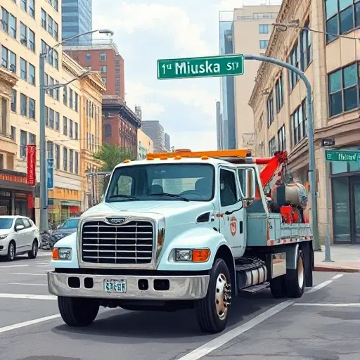 Эвакуатор на 1-й Миусской улице: Полное руководство A realistic depiction of a tow truck parked on 1st Miuska Street, showing a city street environment with buildings and traffic, no text, letters, or numbers visible, no signage on the truck, in a detailed, high-quality style