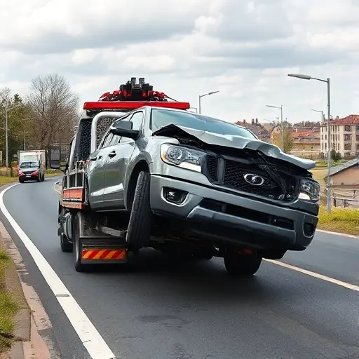 A tow truck pulling a damaged car off a busy road in a small Russian town, with a clear view of the road and surrounding buildings, showing the scene of an accident on Bego road. The image should capture the moment of vehicle evacuation, with the tow truck's front and the car being lifted, and the road environment in a realistic style.