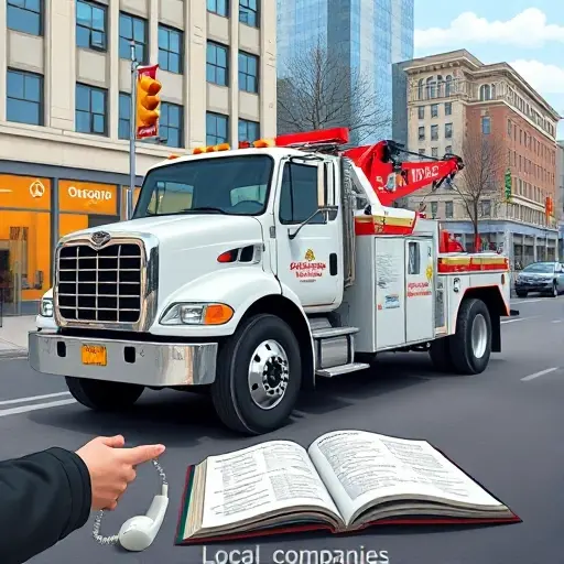 A realistic scene of a tow truck parked on a city street, with a person holding a phone and an open phone directory beside the truck, symbolizing local companies, no text or lettering visible, in a detailed, high-quality illustration