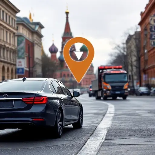 A realistic scene of a Moscow street with recognizable landmarks such as the Kremlin silhouette in the background, a parked car with a flat tire, and a tow truck (evakuator) positioned nearby, indicating assistance close to the driver. The atmosphere should convey the challenge of finding a nearby tow service, with subtle visual cues like a faint map pin icon hovering over the tow truck, but without any text, letters, or numbers.