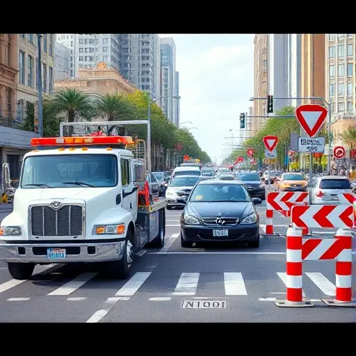 A tow truck pulling a stalled car onto a busy city street, with traffic congestion and obstacles such as roadblocks and detour signs creating movement impediments, all depicted in a realistic style without any text or lettering.