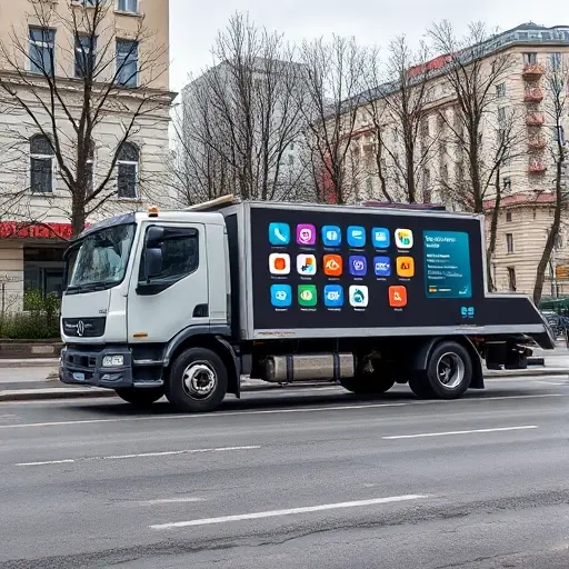 A tow truck parked on Bogucharskaya Street, with a digital interface on its side showing icons of online services and aggregators, no text or letters, realistic style