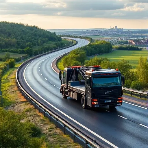 Эвакуатор Москва – Ногинск: Полное руководство A sleek, modern tow truck driving along a winding highway that stretches from the outskirts of Moscow to the town of Noginsk, surrounded by lush Russian countryside, with distant city skyline hints, realistic lighting and detail, no text or signage