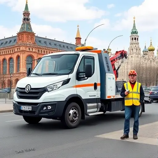 A realistic, high-resolution illustration of a modern tow truck parked on a street in the Basmanny district of Moscow, with a backdrop of historic Moscow architecture and a clear sky. The tow truck should be in a dynamic pose, with a hydraulic winch extended, ready to lift a car. A professional tow operator in a reflective safety vest and helmet is standing beside the truck, holding a clipboard and a phone, looking confident and ready to assist. The scene should convey a sense of readiness, safety, and expertise, with no text, letters, or numbers visible.