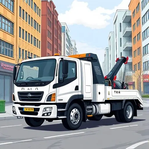 A realistic illustration of a modern tow truck equipped with a winch, parked on a street in New Moscow with surrounding urban buildings and a clear sky, focusing on the vehicle and its winch mechanism, without any text or signage.