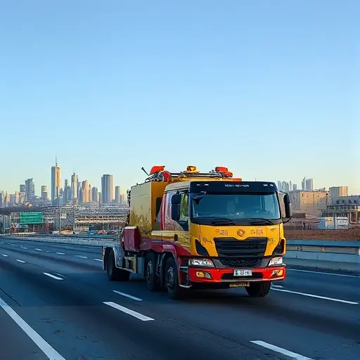 эвакуатор межгород москва A realistic intercity tow truck traveling on a highway near Moscow, with the Moscow skyline faintly visible in the background, clear sky, and the vehicle prominently featured, showing its robust design and equipment, without any text or signage