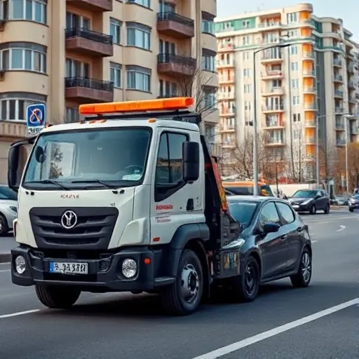 A realistic city street scene in the Marino district of Moscow, showing a modern tow truck (evacuator) parked beside a compact car that appears to have been towed. The background includes typical Moscow apartment buildings, street signs without readable text, and a subtle visual cue of distance, such as a faint road marker line indicating a short evacuation distance. The atmosphere is clear daylight with soft shadows, focusing on the tow truck and the vehicle.