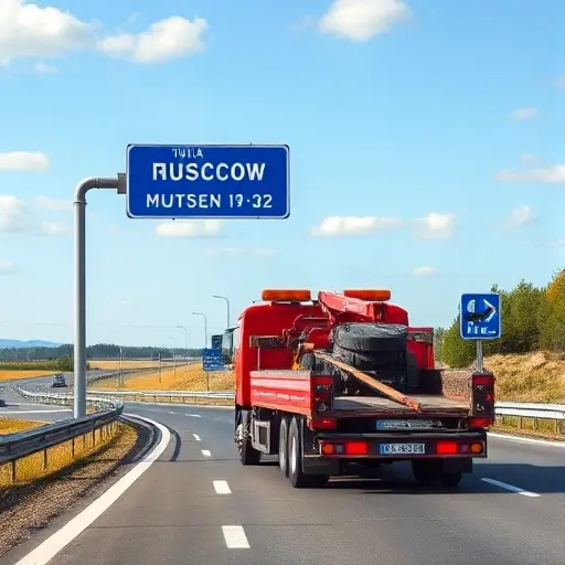 Эвакуатор Тула – Москва: Полное руководство по ценам и выбору A realistic tow truck driving on a highway between Tula and Moscow, with a clear view of the Russian countryside, a road sign indicating distance to Moscow, and a subtle price tag icon on the truck, all depicted without any text or lettering.