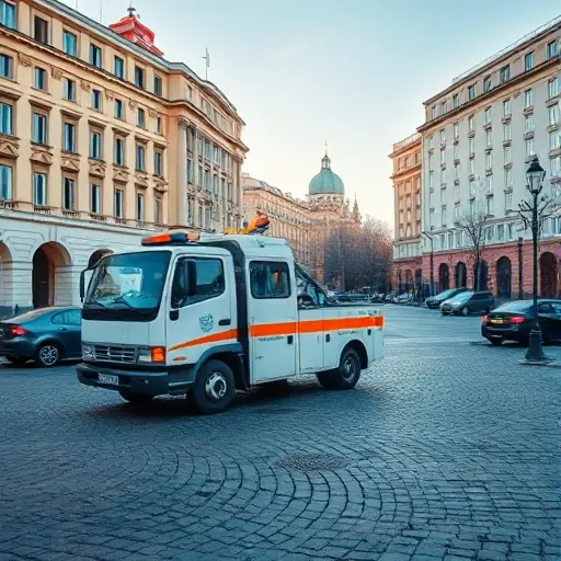 Эвакуатор на Академической площади: Полное руководство A realistic scene of a tow truck (evacuator) parked on Akademicheskaya Square, with the square's characteristic architecture and cobblestones, a few surrounding parked cars, subtle city ambience, and a clear sky; the focus is on the tow truck and the urban environment, without any text or signage.