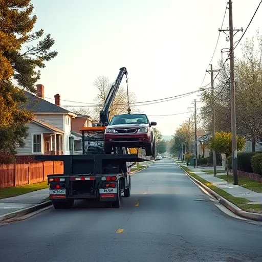 A realistic scene of a tow truck parked at the end of a quiet dead‑end street, with the truck’s hook attached to a small car being lifted onto the truck’s platform. The street is lined with modest residential houses, trees, and a curb, under a clear sky. The focus is on the tow truck, the car, and the surrounding street environment, with no visible text, numbers, or signage.