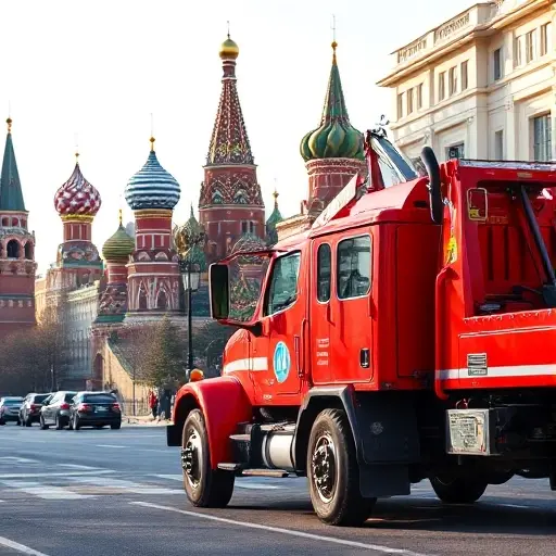 Эвакуатор недорого в Москве срочно: Полный план статьи A bright red tow truck parked on a Moscow street with iconic landmarks like the Kremlin and St. Basil's Cathedral in the background, under a clear sky, no text or people, high detail