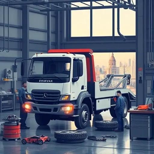 A detailed scene of a tow truck undergoing repair in a modern Moscow workshop, with mechanics using tools, parts and equipment around, a subtle view of Moscow cityscape through a window in the background, realistic lighting and a professional atmosphere