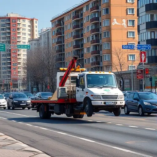 Эвакуатор Москва Южная: Полное руководство A realistic scene of a tow truck (evacuator) operating on a busy street in the southern part of Moscow, with recognizable Moscow architecture such as Soviet-era apartment blocks and street signs, the tow truck lifting a car, under a clear sky, no text or logos