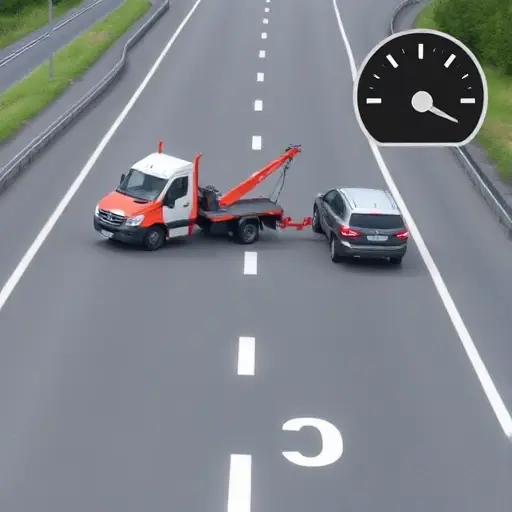 A realistic tow truck pulling a damaged vehicle on a highway, with a clear kilometer marker on the road and a subtle price gauge icon in the background, all depicted without any text, letters, or numbers, capturing the concept of towing and per-kilometer pricing in a clean, detailed style
