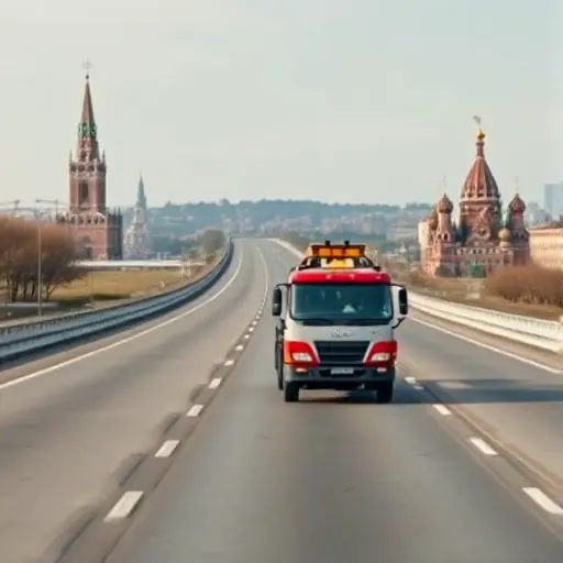 A realistic tow truck (evakuator) driving on a long highway that stretches between two city skylines: Saint Petersburg's historic spire and Moscow's Kremlin dome in the distance. The scene shows the truck in the foreground on a smooth road, with subtle hints of Russian landscape, under a clear sky. No text, signs, or logos are present.
