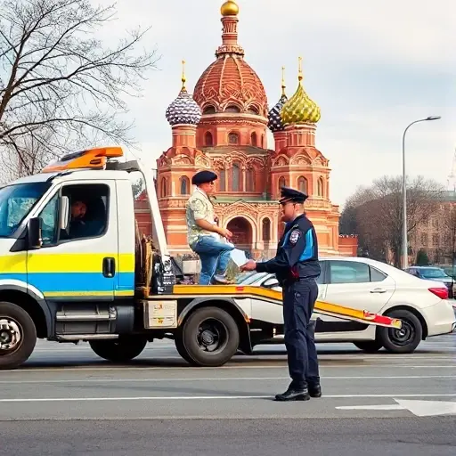 A realistic scene showing a tow truck in front of a recognizable Moscow landmark, with a traffic police officer in uniform handing a permit to a driver while a car is being towed, all depicted without any text, letters, or numbers