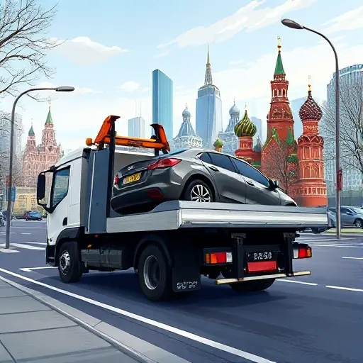 A realistic illustration of a fully loaded tow truck parked on a Moscow street, with a clear view of the city skyline in the background, showing the truck's cargo area fully loaded with a car, no text or signage, in a detailed, high-resolution style