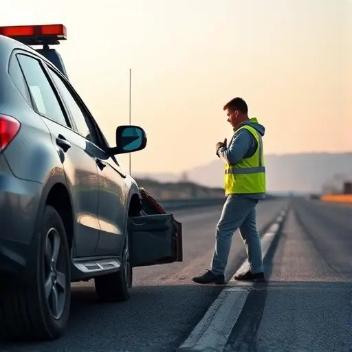 A realistic scene of a car broken down on a highway shoulder, with a modern tow truck pulling up beside it. The broken car shows a flat tire and an open hood, while the tow truck's hook and winch are ready to attach. A driver in a reflective safety vest is standing next to the vehicle, gesturing assistance. The background features a clear sky, distant hills, and a faint road line. The atmosphere is calm, with soft lighting indicating either early morning or late afternoon, emphasizing the urgency of the situation without any text or signage.