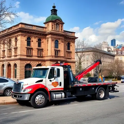 A tow truck parked near a historic building in Puskin, with a cityscape in the background, no text, letters, or digits