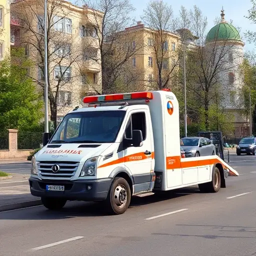 Эвакуатор на 6-м проспекте Новогиреево: Полное руководство A realistic scene of a tow truck (evacuator) parked on the 6th Prospekt in the Novogireevo district, with a city street background showing typical Moscow residential buildings, trees, and a parked car being towed, under a clear sky, focusing on the vehicle and urban environment without any text or signage