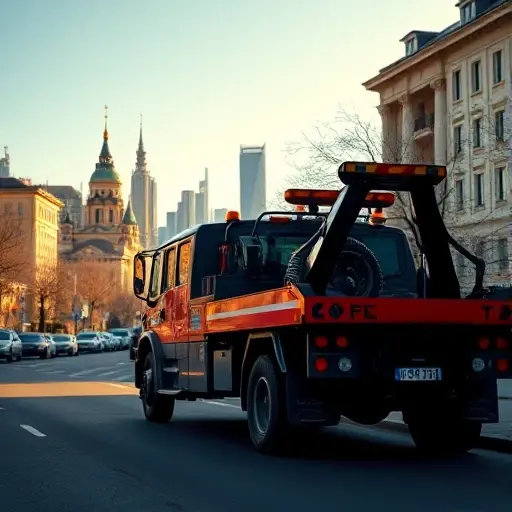 эвакуатор ховрино москва A tow truck parked on a street in Hovrino, Moscow, with the city skyline in the background, bright daytime lighting, realistic style