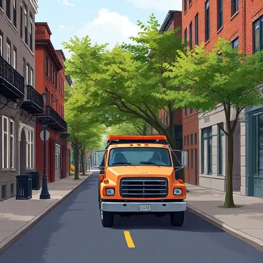 Эвакуатор в 2-м Тульском переулке: Полное руководство A realistic smallHQ illustration of a tow truck parked on a quiet urban street, with typical city buildings and trees lining the road, capturing the atmosphere of a narrow lane named 2nd Tulsky Lane, without any visible signage, letters, or numbers