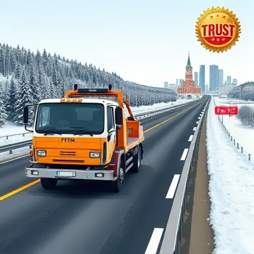 A realistic scene showing a sturdy tow truck driving along a long highway that stretches from a snowy, forested region representing Perm to a modern city skyline symbolizing Moscow. The truck is equipped with a visible license plate (without readable characters) and a badge indicating official certification. In the background, subtle icons like a shield and a star represent trust and reputation, but no text or numbers are shown. The overall composition is clear and detailed, suitable for a small high-quality illustration.