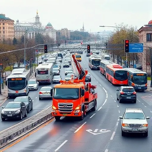 A realistic scene of a tow truck (evakuator) operating in a Moscow metrogorodok area, showing busy streets with multiple lanes, traffic lights, and a mix of cars and buses, highlighting the transport infrastructure and congestion. The background includes typical Moscow architecture, trees, and a hint of a riverbank, all rendered in a compact, high-quality style.
