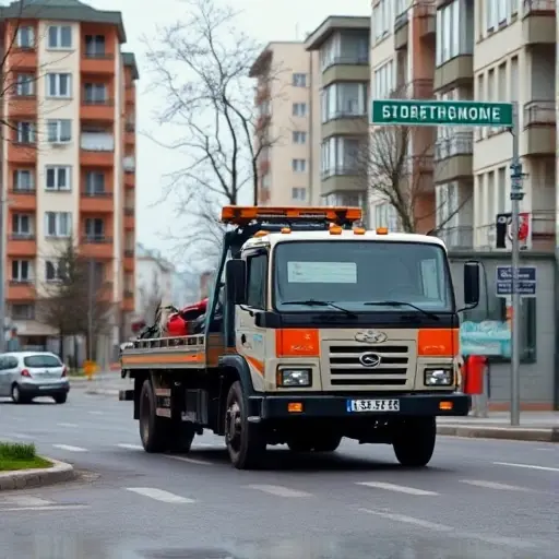 A realistic scene of a tow truck operating in a Moscow residential street of the South-Eastern Administrative Okrug, with city buildings, street signs in Cyrillic, and a subtle hint of affordability such as a modest price tag floating nearby (no readable text). The focus is on the tow truck, the urban environment, and a sense of proximity to the viewer, without any explicit branding or people.