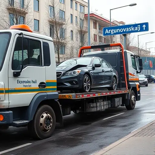 A realistic depiction of a tow truck parked on Argunovskaya Street, partially loading a damaged car onto the truck's platform, with an urban street background, no text or signage visible