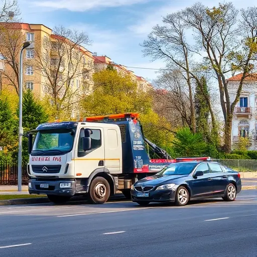 A realistic scene of a tow truck in the Medvedkovo district of Moscow, positioned next to a broken down car on a city street. The background shows typical Moscow residential buildings and trees, with a clear sky. The focus is on the tow truck and the disabled vehicle, conveying a car breakdown situation.