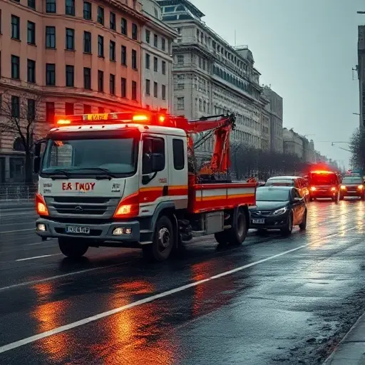 A realistic scene of a tow truck (evacuator) parked on a busy Moscow street during an accident, with a damaged car on the side, emergency lights flashing, city buildings and recognizable Moscow architecture in the background, rain-slicked road reflecting lights, no text or signage visible