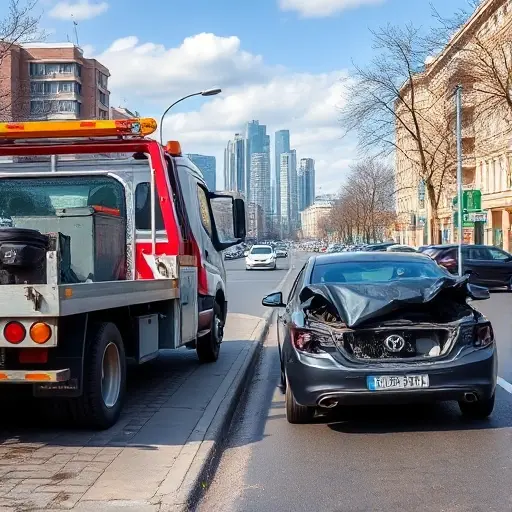 A tow truck parked beside a damaged car on a city street in Yoshkar-Ola, with a clear view of the city skyline and a busy street environment, showing the tow truck's equipment and the car's broken parts, no text or signage