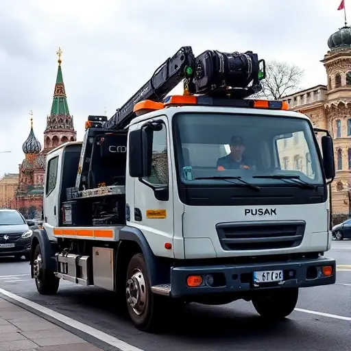 Эвакуатор Москва: Полное руководство по ценам и услугам A professional tow truck with a hydraulic lift, parked on a busy Moscow street with recognizable city landmarks such as the Kremlin silhouette in the background, showing a clear view of the truck's equipment and a driver in a uniform, under a slightly overcast sky, realistic lighting, no text or signage