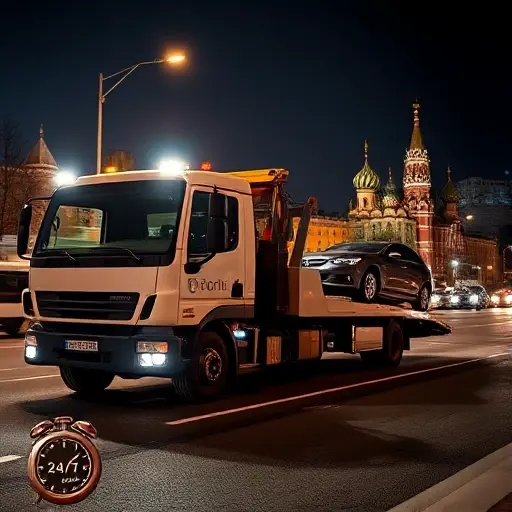 A modern tow truck parked on a Moscow street at night, its bright headlights illuminating a damaged car being towed, with a subtle clock icon in the foreground indicating 24/7 service, and the iconic Moscow skyline in the background.