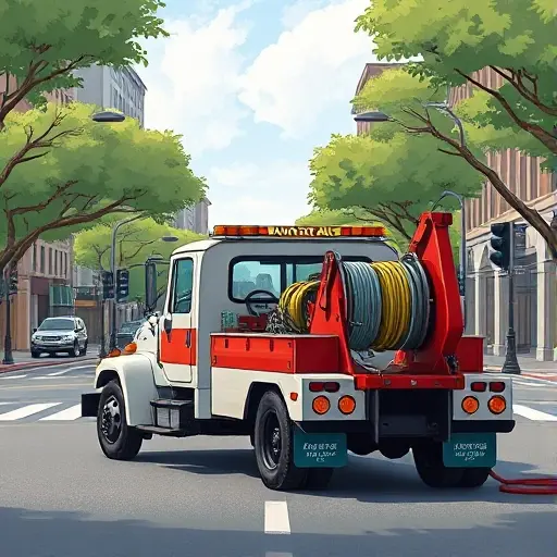 A realistic small-scale illustration of a tow truck equipped with a winch parked on a wide city avenue named Aviators' Alley, with surrounding trees and streetlights, showing the winch cable coiled on the truck and a subtle hint of a vehicle being towed in the background, all rendered in a compact, high-quality style
