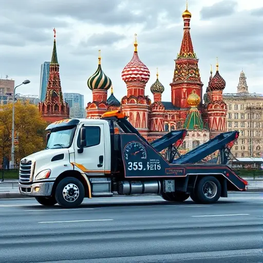 A tow truck parked on a Moscow street with the iconic Moscow skyline in the background, a visible speedometer or clock on the truck indicating arrival speed, rendered in a realistic style without any text or lettering