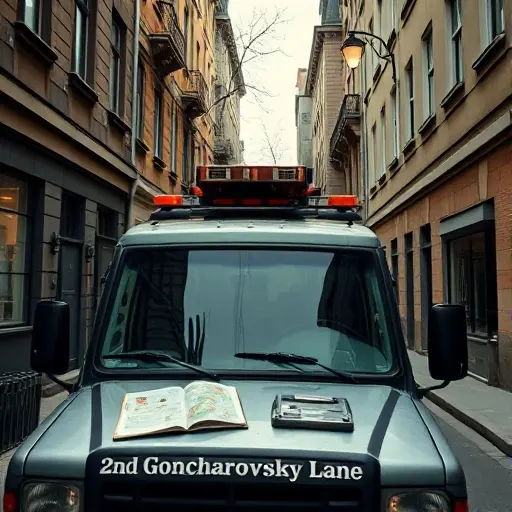 A realistic scene of a tow truck (evacuator) parked on a narrow urban street named 2nd Goncharovsky Lane, with surrounding buildings, streetlights, and a subtle hint of a guidebook atmosphere such as a clipboard or map lying on the truck's hood, but no visible text or signage