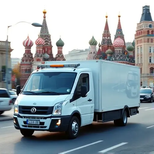 A modern tow truck driving through recognizable Moscow streets, with iconic landmarks like the Kremlin silhouette in the background, showing a direct, efficient evacuation service without any middlemen. The scene emphasizes speed, professionalism, and a clear, straightforward process, with the tow truck prominently featured and the city environment clearly identifiable, all rendered in a clean, high-quality smallHQ style.