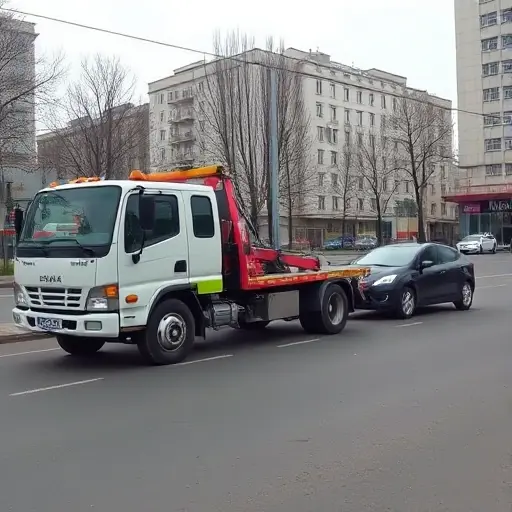 A tow truck parked on Bogucharskaya Street, pulling a stranded car, with a city street background, no people, no signage, no text