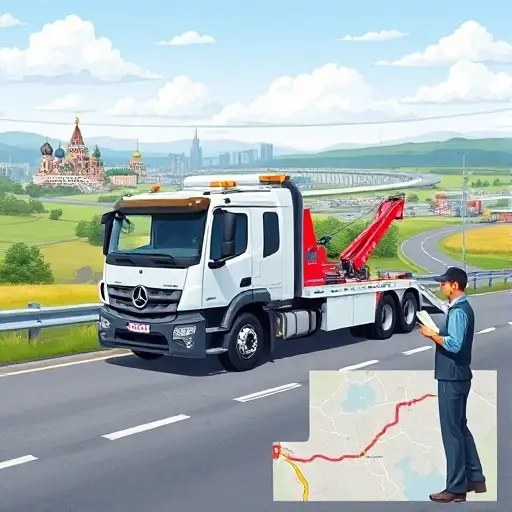 A realistic illustration of a modern tow truck parked on a road between Moscow and Cheboksary, with a scenic backdrop of Russian countryside and city skyline, a driver in uniform holding a clipboard, and a map showing the route, all in a clean, professional style