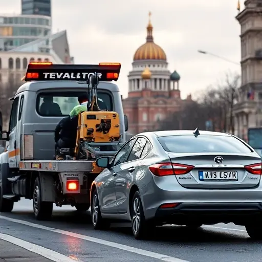A modern tow truck (evakuator) directly assisting a stranded car on a busy Moscow street, with recognizable Moscow architecture such as the Kremlin dome in the background, showing a clear, efficient service without any intermediaries, realistic lighting and urban details, no text or signage