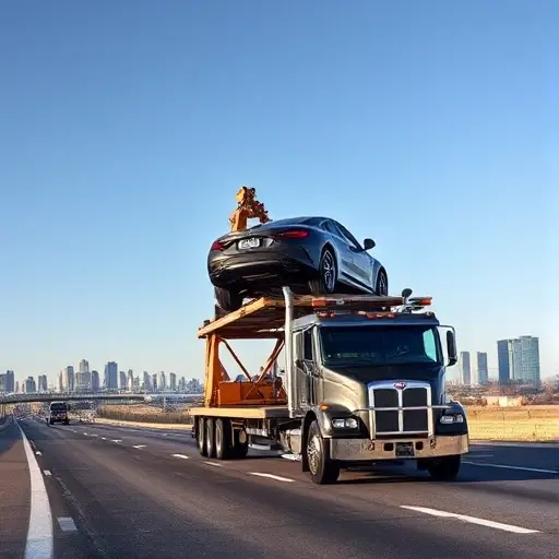 A sturdy tow truck on a highway between two cities, with a large car being carefully lifted onto the truck's platform using hydraulic arms, showing the complexity of loading and unloading, set against a clear sky and distant city silhouettes, realistic lighting and detailed vehicle textures