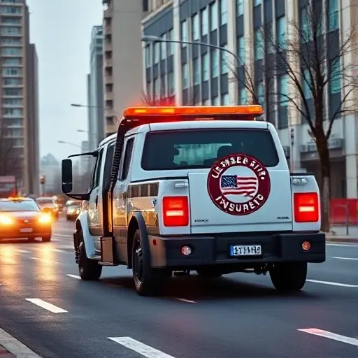 A modern tow truck driving on a New Moscow city street, with a visible official seal or badge on the vehicle indicating it is licensed and insured, realistic lighting and details, smallHQ style