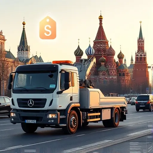 A modern tow truck with a crane and hook parked on a busy Moscow street, surrounded by recognizable city architecture such as the Kremlin dome silhouettes in the background, under a clear sky. The scene conveys professionalism and transparency, with subtle visual cues like a faint, glowing overlay of a price tag icon floating near the truck, but without any readable text or numbers. The composition is clean and detailed, suitable for a smallHQ style illustration.