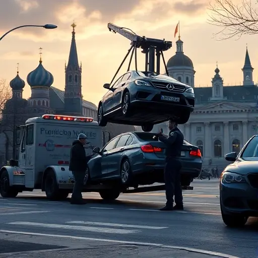 A realistic scene of a car being towed on a Moscow street, with a tow truck lifting the vehicle, a police officer gesturing, the silhouette of Moscow landmarks such as the Kremlin in the background, a concerned driver watching the scene, and a courthouse building visible in the distance, all rendered in a compact high-quality style