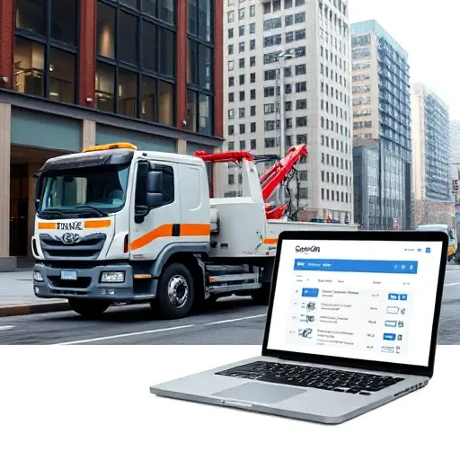 A sleek tow truck parked on a quiet city street, with a floating, semi-transparent digital interface hovering above it that represents an online search screen. The interface displays abstract icons and graphical elements suggesting keywords like "direct tow service" and "no intermediaries" without any visible text. The scene is clean and minimalistic, with soft lighting and a subtle cityscape background.